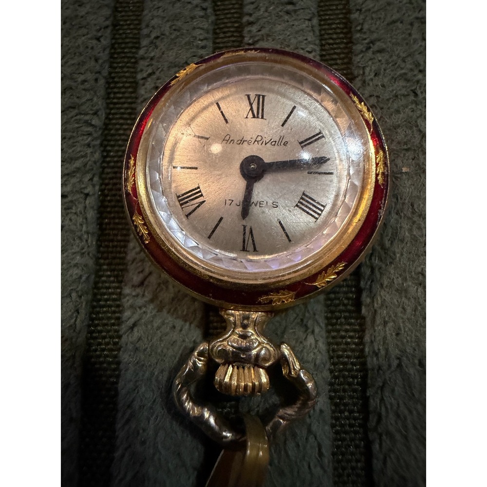 Vintage Andre Rivalle 17 Jewels Art Deco Red Gold Tone Pendant Watch Working